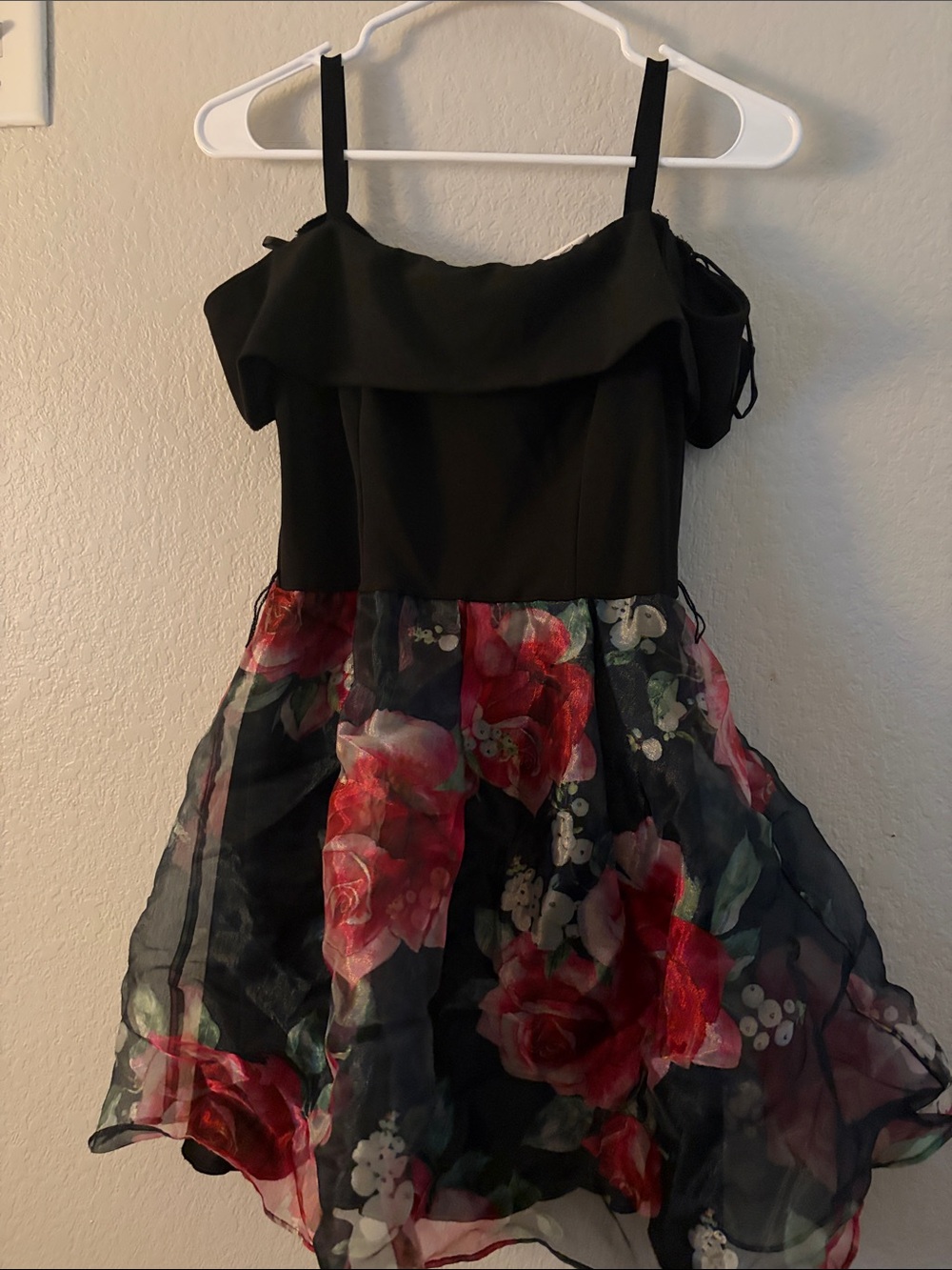 B Darlin Black Dress with Red Floral Organza Skirt